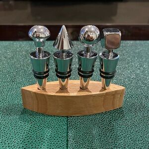 Stainless Steel Wine Bottle Stoppers Set with Wooden Base